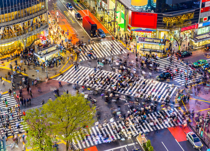 Shibuyas berömda korsning. Den sk scramble crossing. Känd från bland annat Lost in Translation.